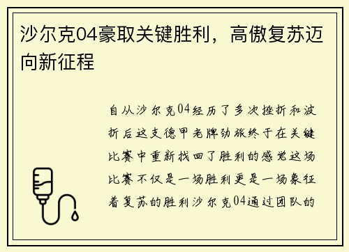 沙尔克04豪取关键胜利，高傲复苏迈向新征程