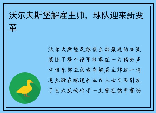 沃尔夫斯堡解雇主帅，球队迎来新变革